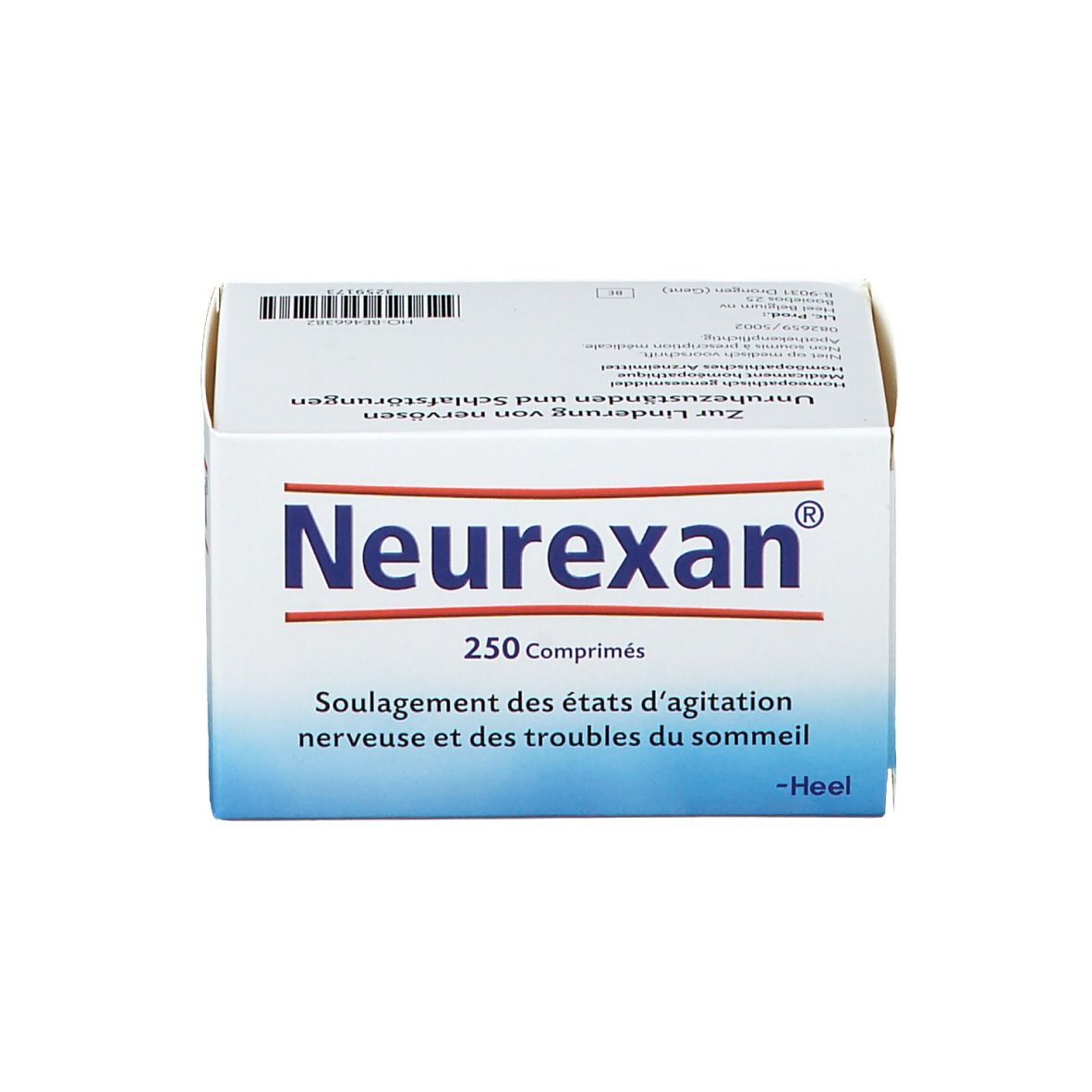 Boîte avec "Neurexan". Contient 250 comprimés. Texte en allemand, néerlandais et français. Logo Heel.