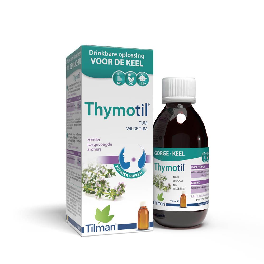 Fles met bruine vloeistof, witte dop. Opschrift Thymotil. Nederlandse tekst.