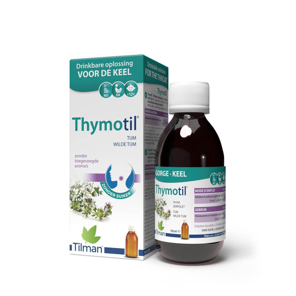 Fles met bruine vloeistof, witte dop. Opschrift Thymotil. Nederlandse tekst.