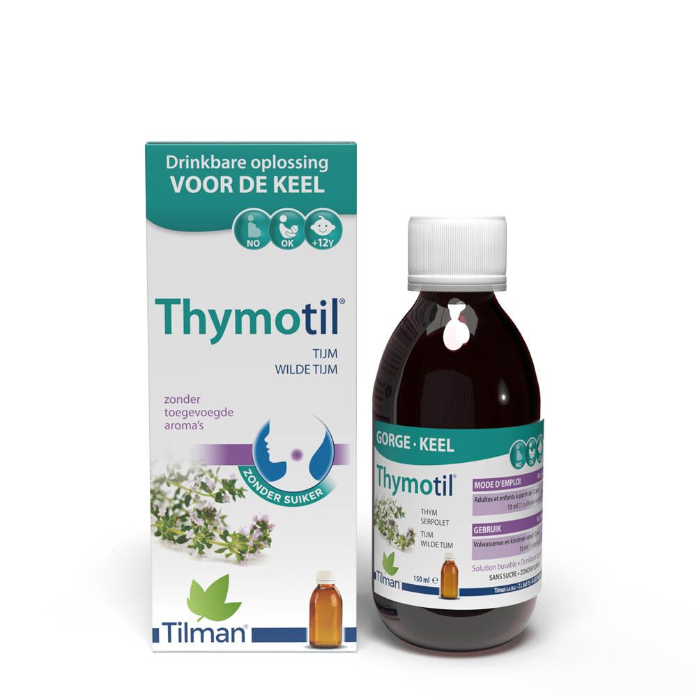 Fles met bruine vloeistof, witte dop. Opschrift Thymotil. Nederlandse tekst.