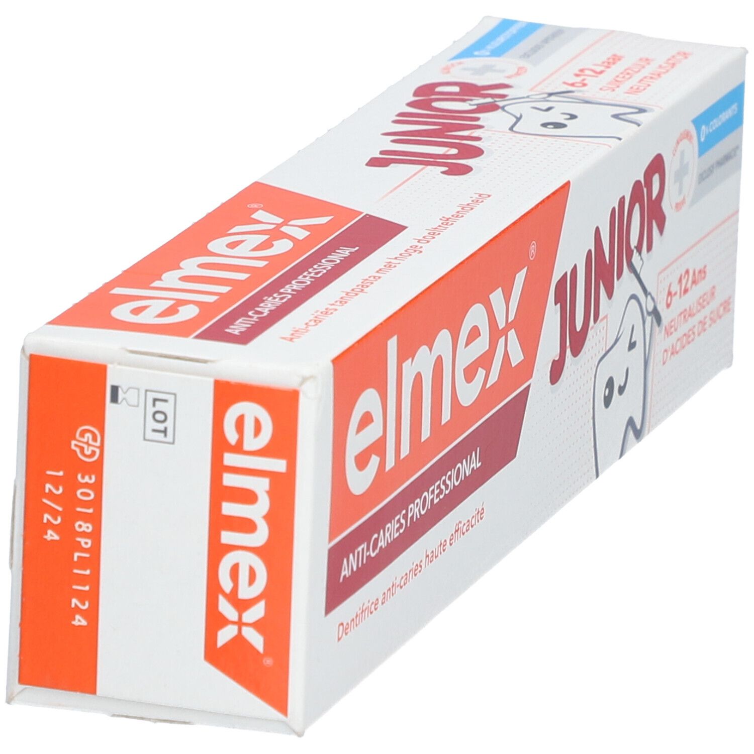 Elmex Junior tandpastaverpakking. Wit, oranje en rood. Opschrift: Anti-Caries Professional, 6-12 jaar.
