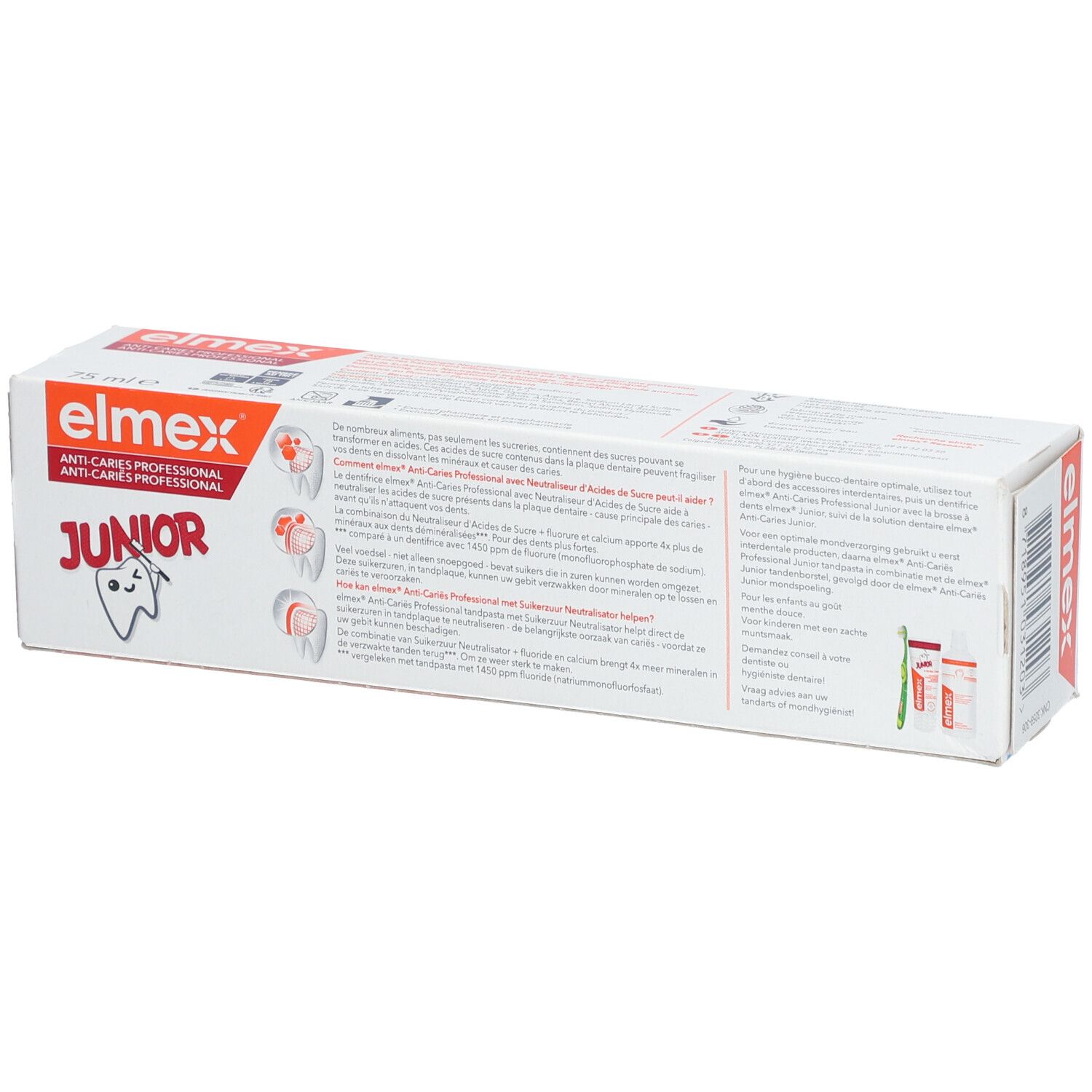 Achterkant van de Elmex Junior tandpastaverpakking. Meertalige tekst. Illustraties van tanden en tandenborstels.