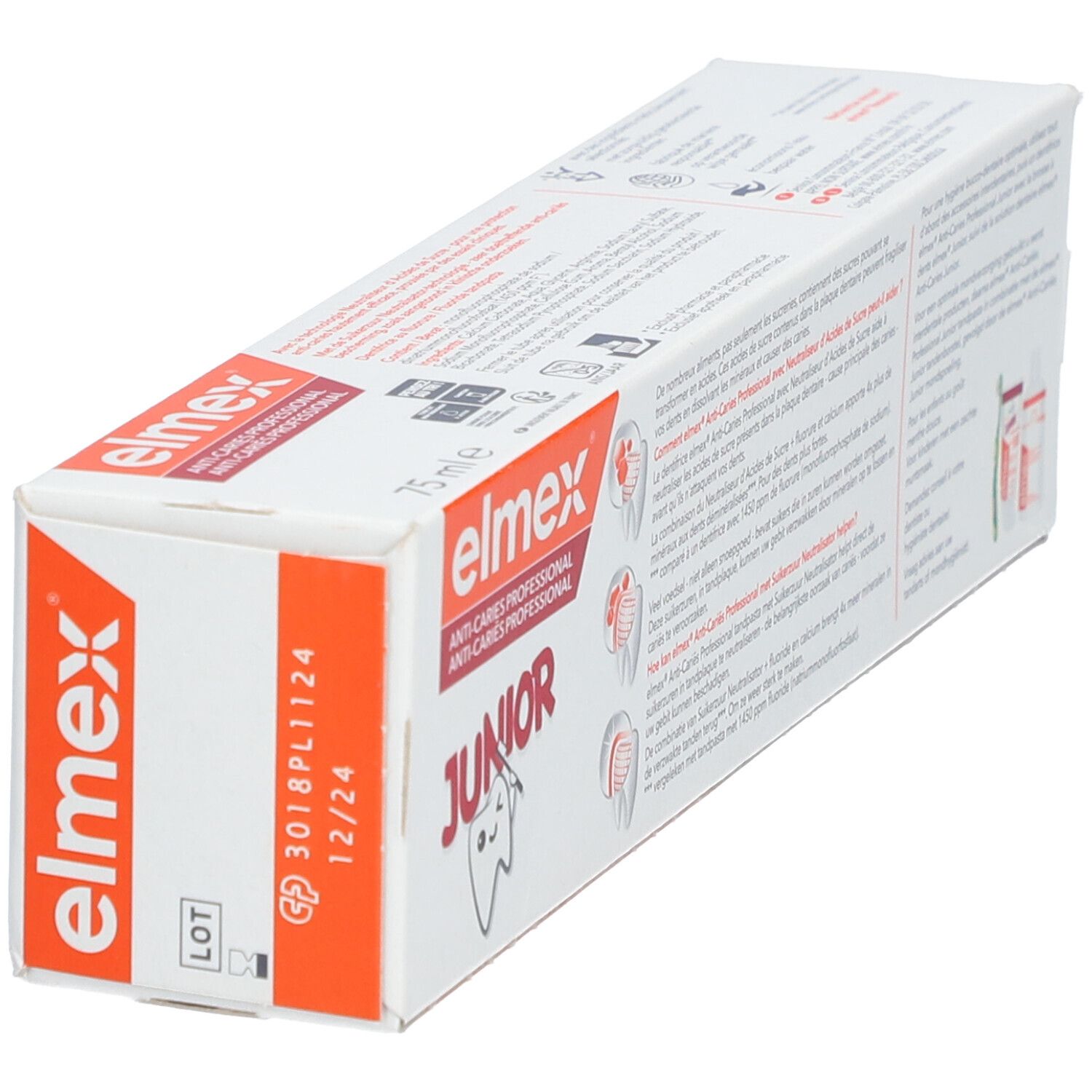 Elmex Junior tandpastaverpakking. Wit, oranje en rood. Opschrift: Anti-Caries Professional, 6-12 jaar.