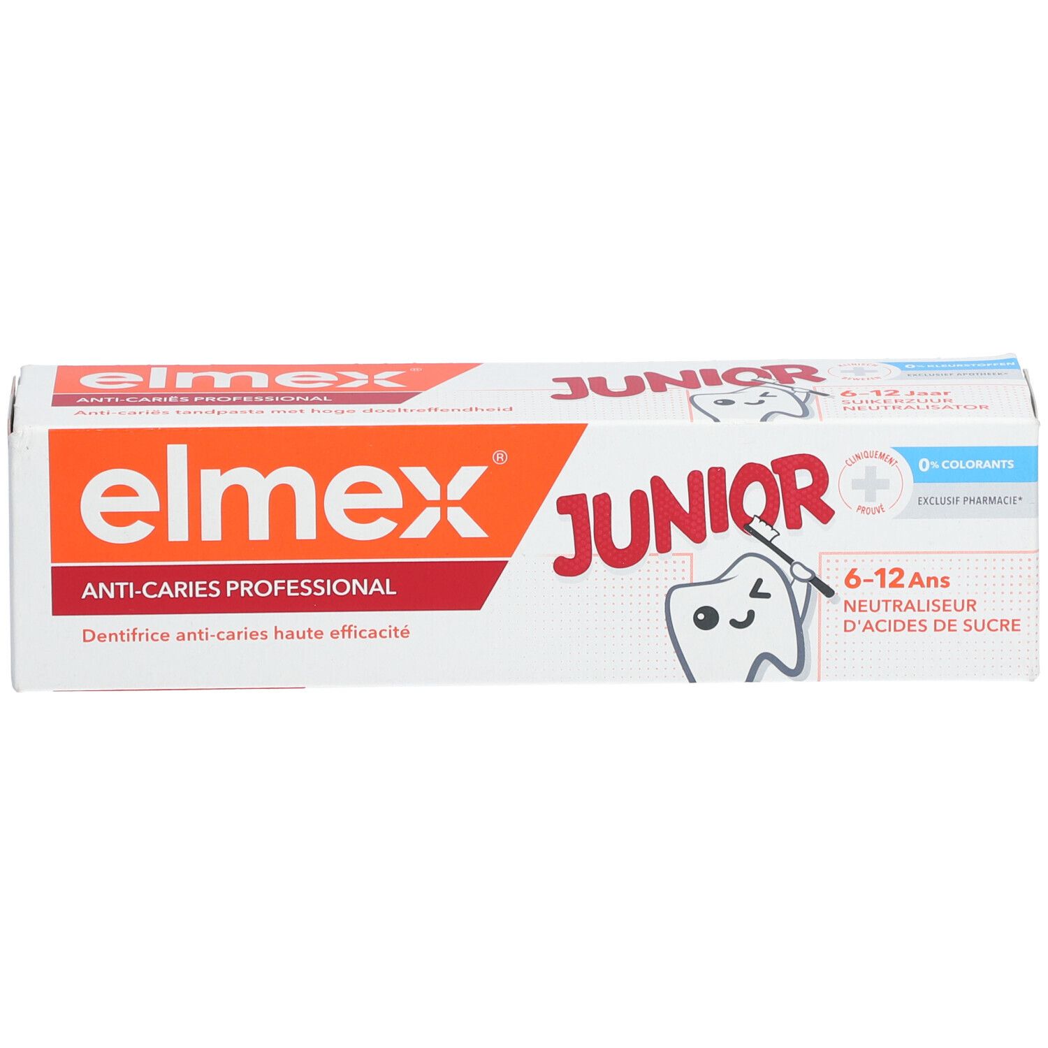 Elmex Junior tandpastaverpakking. Wit, oranje en rood. Opschrift: Anti-Caries Professional, 6-12 jaar.