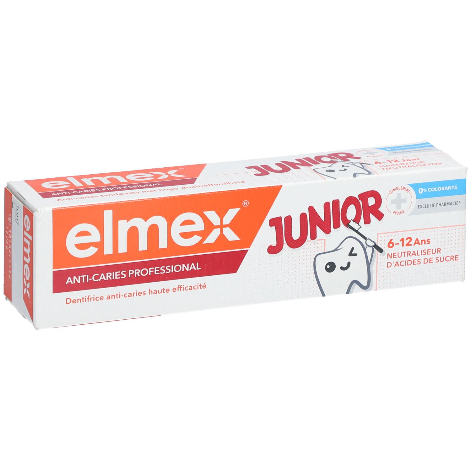 Elmex Junior tandpastaverpakking. Wit, oranje en rood. Opschrift: Anti-Caries Professional, 6-12 jaar.