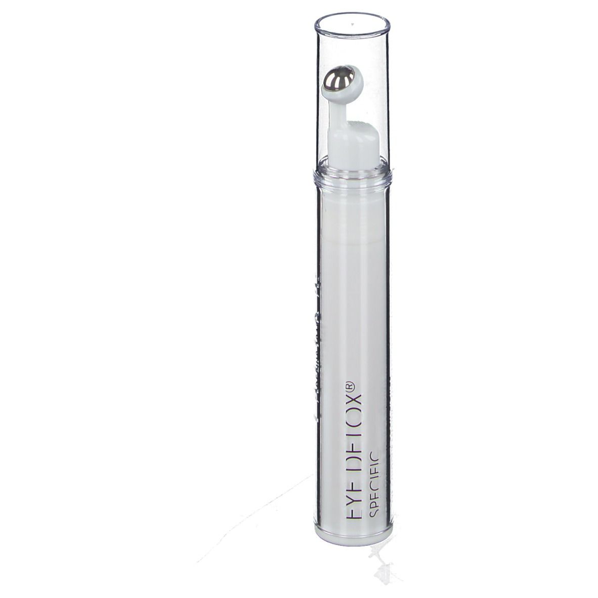 Prodotto cilindrico bianco con applicatore a sfera metallica e cappuccio trasparente. Scritta: EYE DETOX® SPECIFIC.