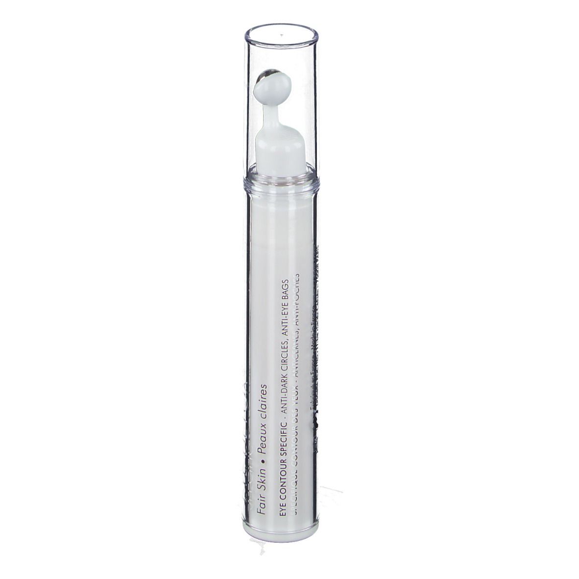 Prodotto cilindrico bianco con applicatore a sfera metallica e cappuccio trasparente. Scritta: EYE CONTOUR SPECIFIC, Fair Skin.