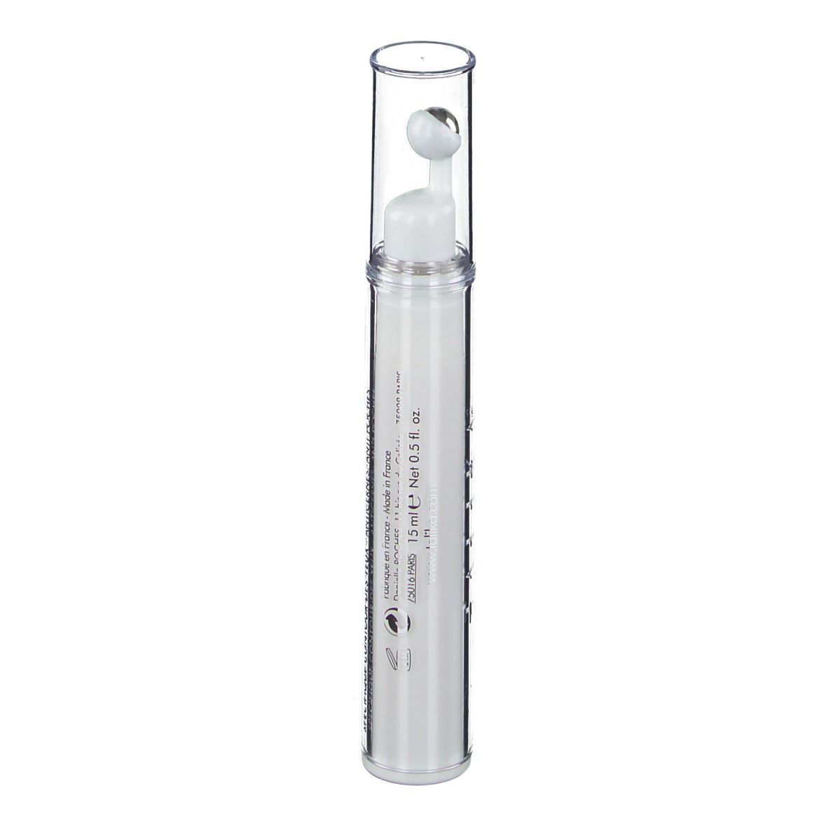 Prodotto cilindrico bianco con applicatore a sfera metallica e cappuccio trasparente. Scritta: 15 ml Net 0.5 fl. oz. Fatto in Francia.
