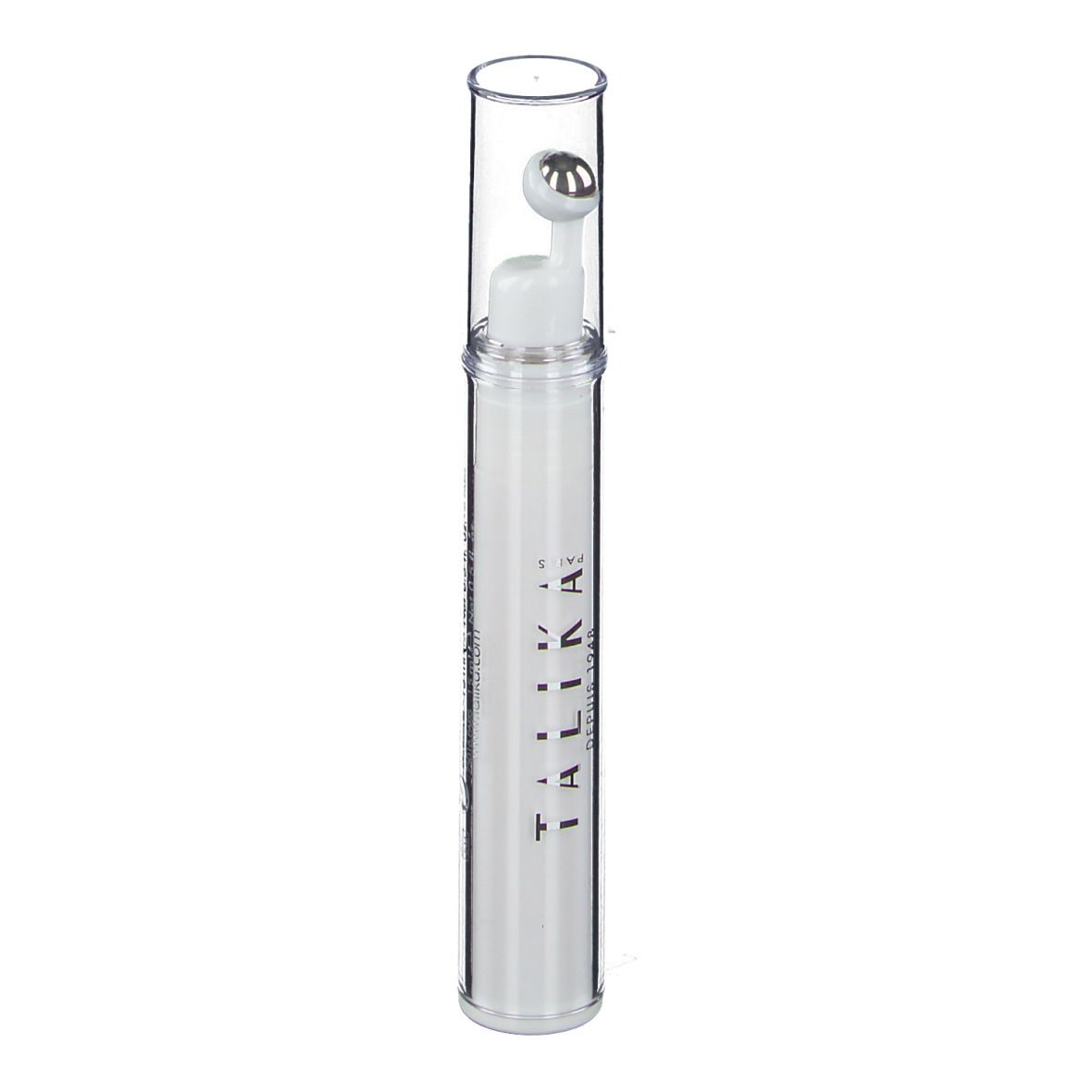 Prodotto cilindrico bianco con applicatore a sfera metallica e cappuccio trasparente. Scritta: TALIKA, EYE DETOX®.