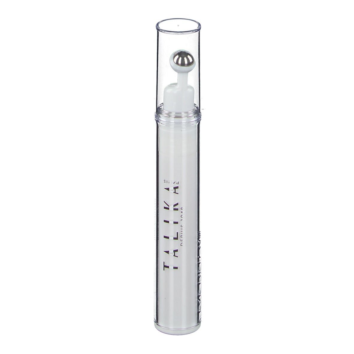 Prodotto cilindrico bianco con applicatore a sfera metallica e cappuccio trasparente. Scritta: TALIKA, EYE DETOX®.
