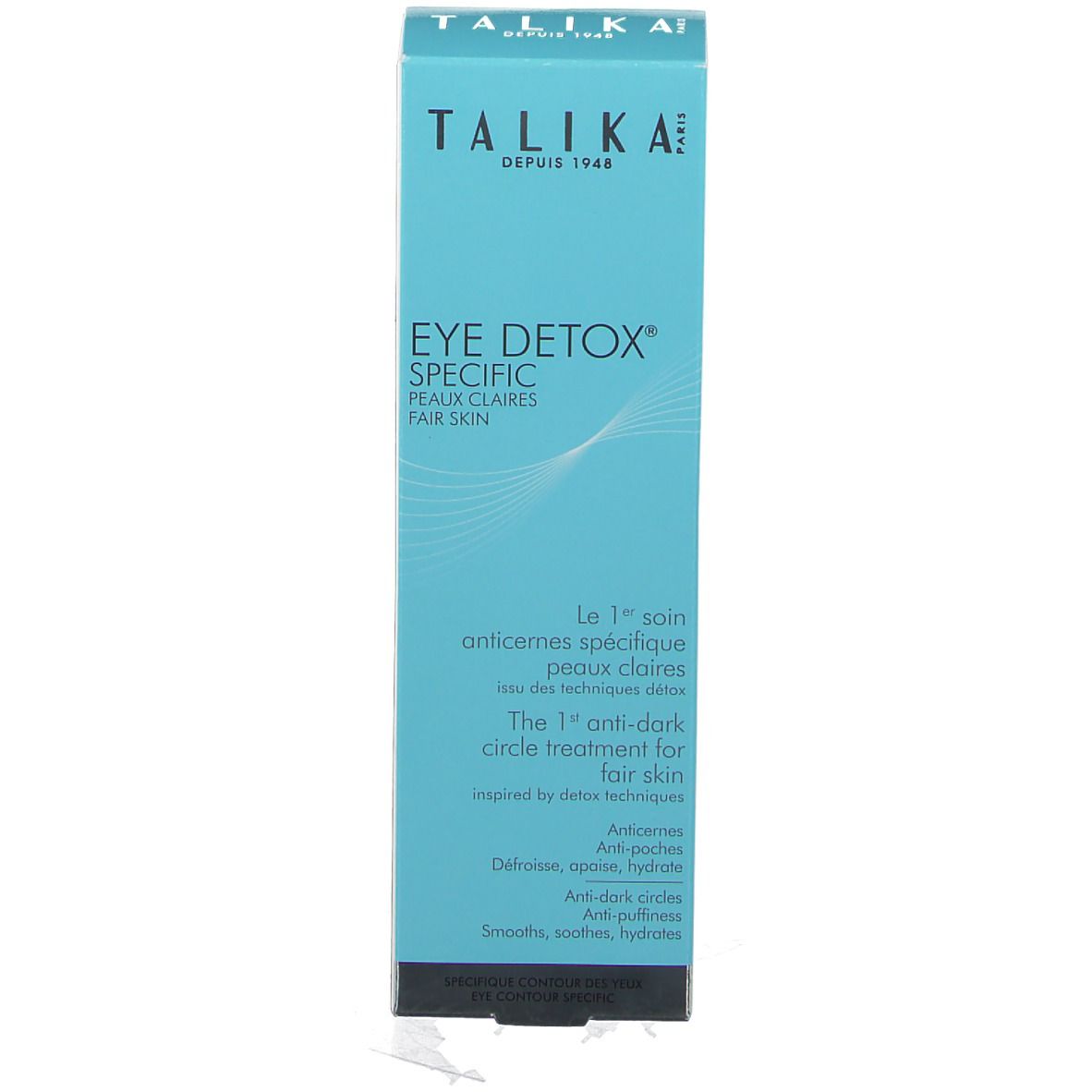 Confezione blu con nome del prodotto: TALIKA EYE DETOX® SPECIFIC, Fair Skin. Testo in francese.