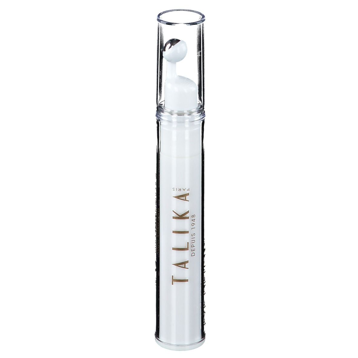 Roll-on contour des yeux blanc avec applicateur à bille et capuchon transparent. Inscription dorée : TALIKA PARIS, DEPUIS 1948.