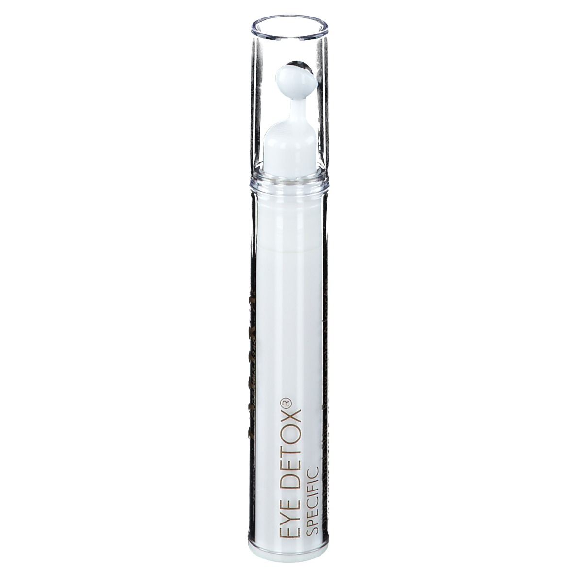 Roll-on contour des yeux blanc avec applicateur à bille et capuchon transparent. Inscription : EYE DETOX® SPECIFIC.