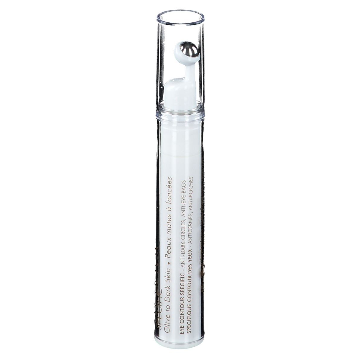Roll-on contour des yeux blanc avec applicateur à bille et capuchon transparent. Inscription : SPECIFIC Olive to Dark Skin. Anti-cernes.