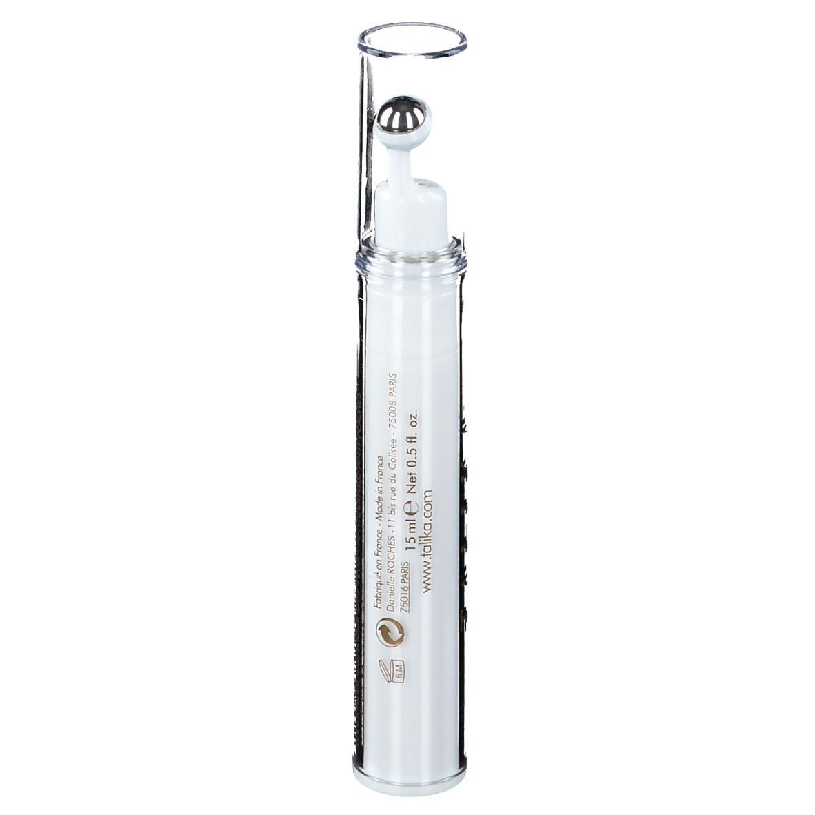 Roll-on contour des yeux blanc avec applicateur à bille et capuchon transparent. Inscription : 15 ml Net 0.5 fl. oz. www.talika.com.