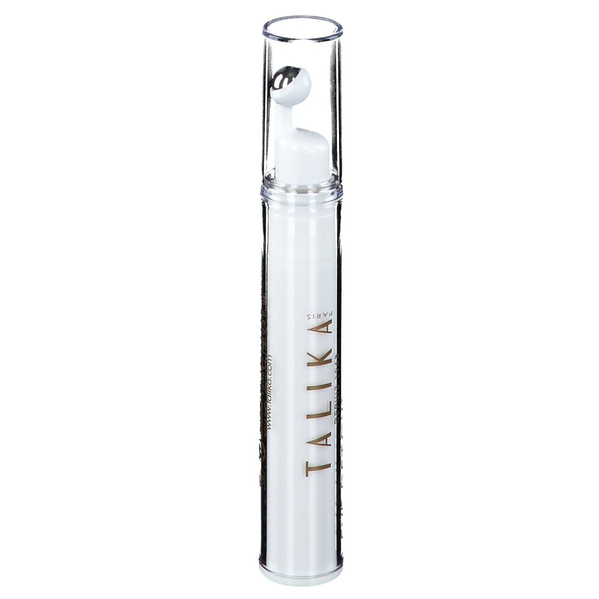 Roll-on contour des yeux blanc avec applicateur à bille et capuchon transparent. Inscription dorée : TALIKA PARIS. www.talika.com.