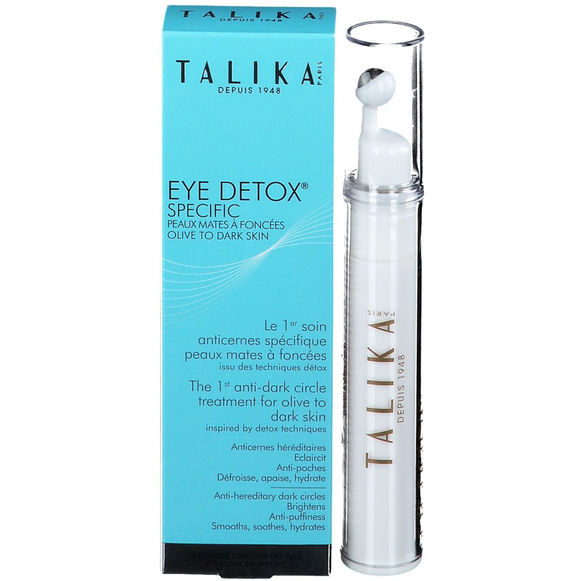 Emballage produit avec roll-on contour des yeux et carton. Inscription : EYE DETOX® SPECIFIC. Pour peaux mates à foncées.