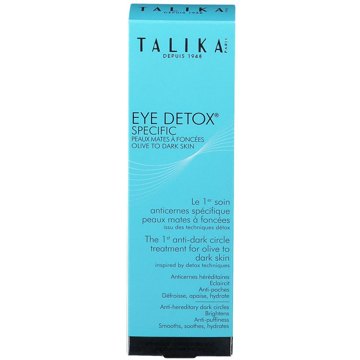 Emballage produit avec carton. Inscription : TALIKA EYE DETOX® SPECIFIC. Pour peaux mates à foncées. Emballage bleu.