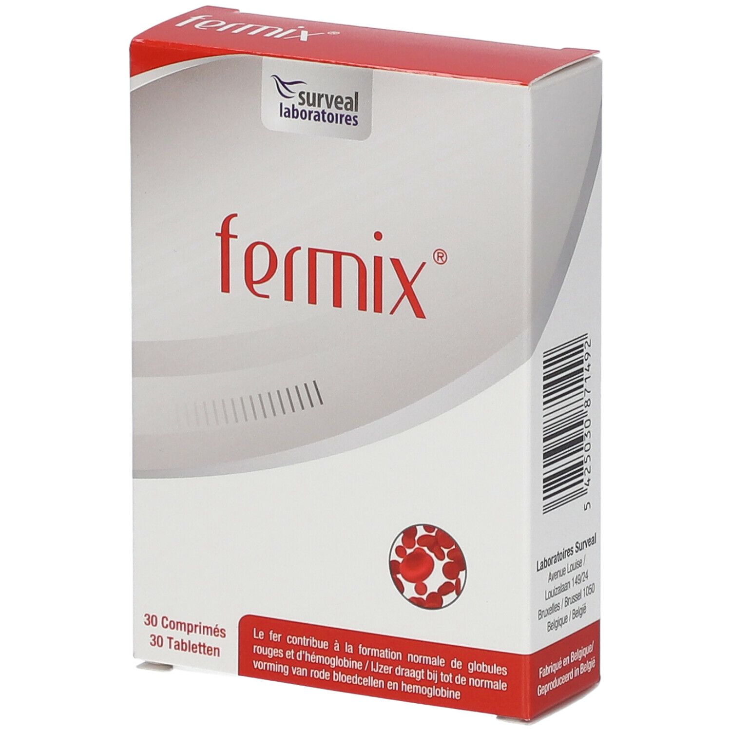 Rode en witte doos met "fermix" in rood. 30 tabletten. Logo Surveal Laboratoires. Tekst over de vorming van rode bloedcellen.