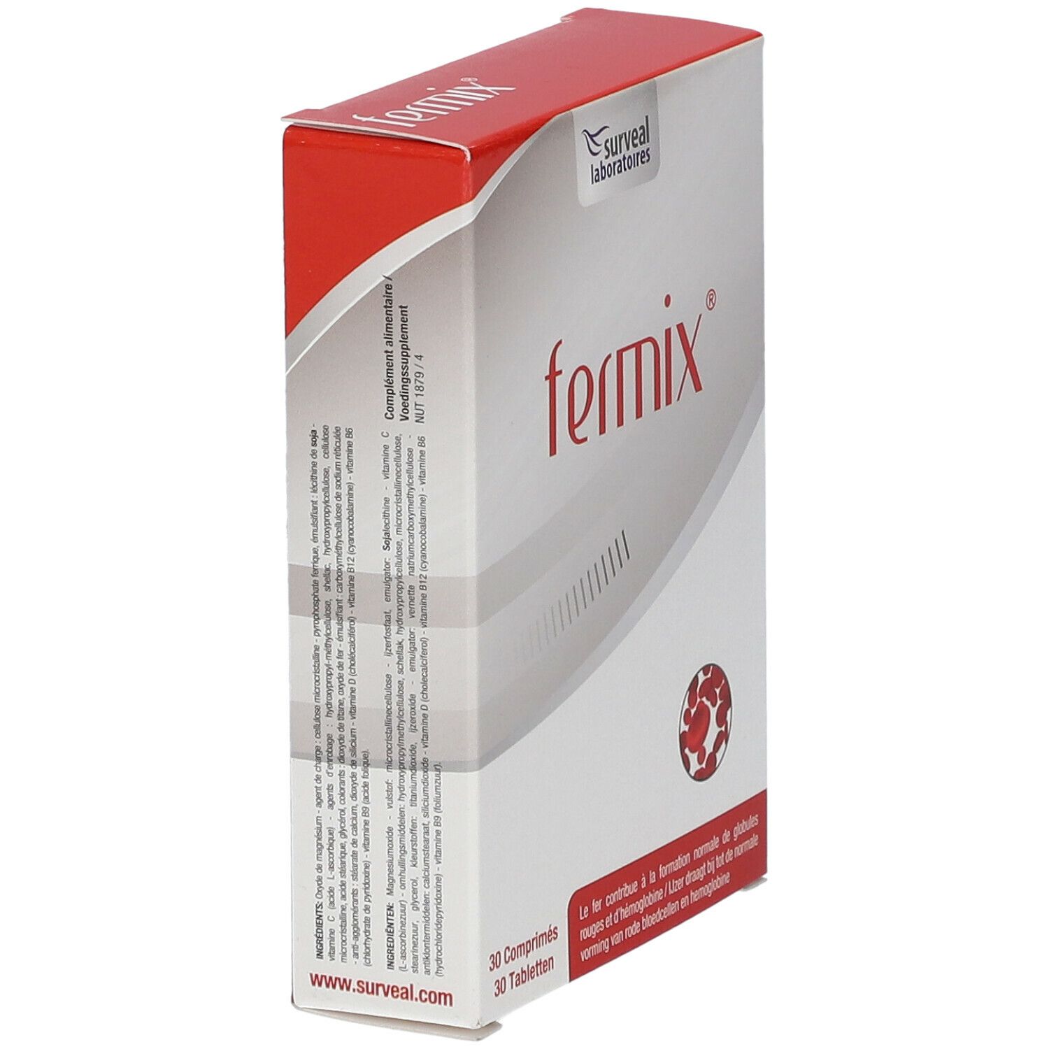 Rode en witte doos met "fermix" in rood. Logo Surveal Laboratoires. 30 tabletten. Zijaanzicht.