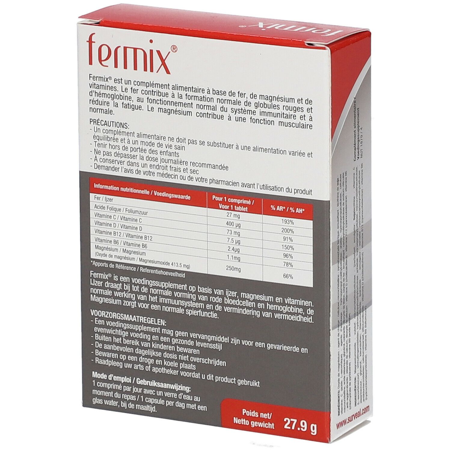 Doos met teksten. "fermix" bovenaan. Voedingswaarde-informatie. Gebruiksaanwijzing. Nettogewicht 27,9 g.