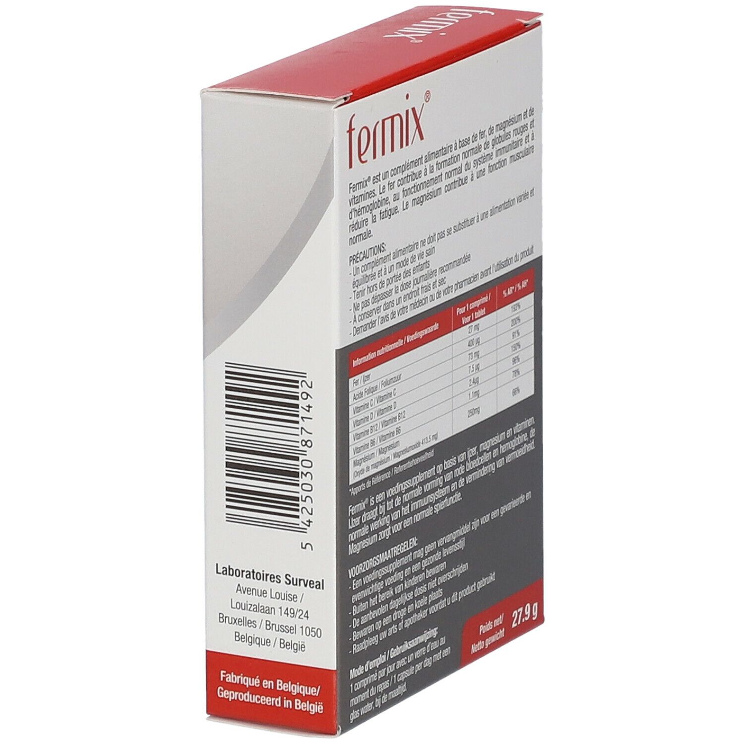 Doos met teksten. "fermix" bovenaan. Voedingswaarde-informatie. Adres Laboratoires Surveal. Nettogewicht 27,9 g.