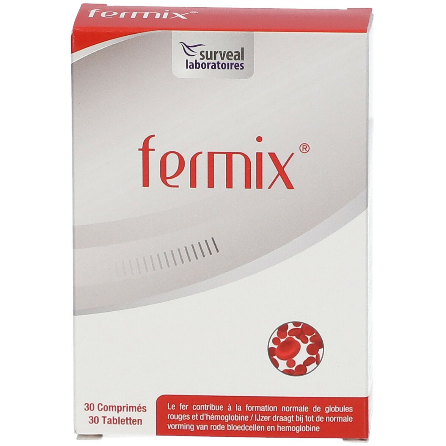 Rode en witte doos met "fermix" in rood. 30 tabletten. Logo Surveal Laboratoires. Tekst over de vorming van rode bloedcellen.