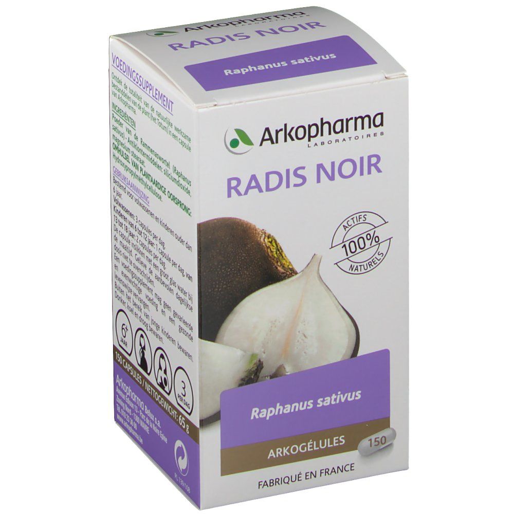 Boîte Arkocaps Radis Noir. Inscriptions: Radis Noir, Arkopharma, 100% naturels, 150 Arkogélules. Illustration de radis noir.