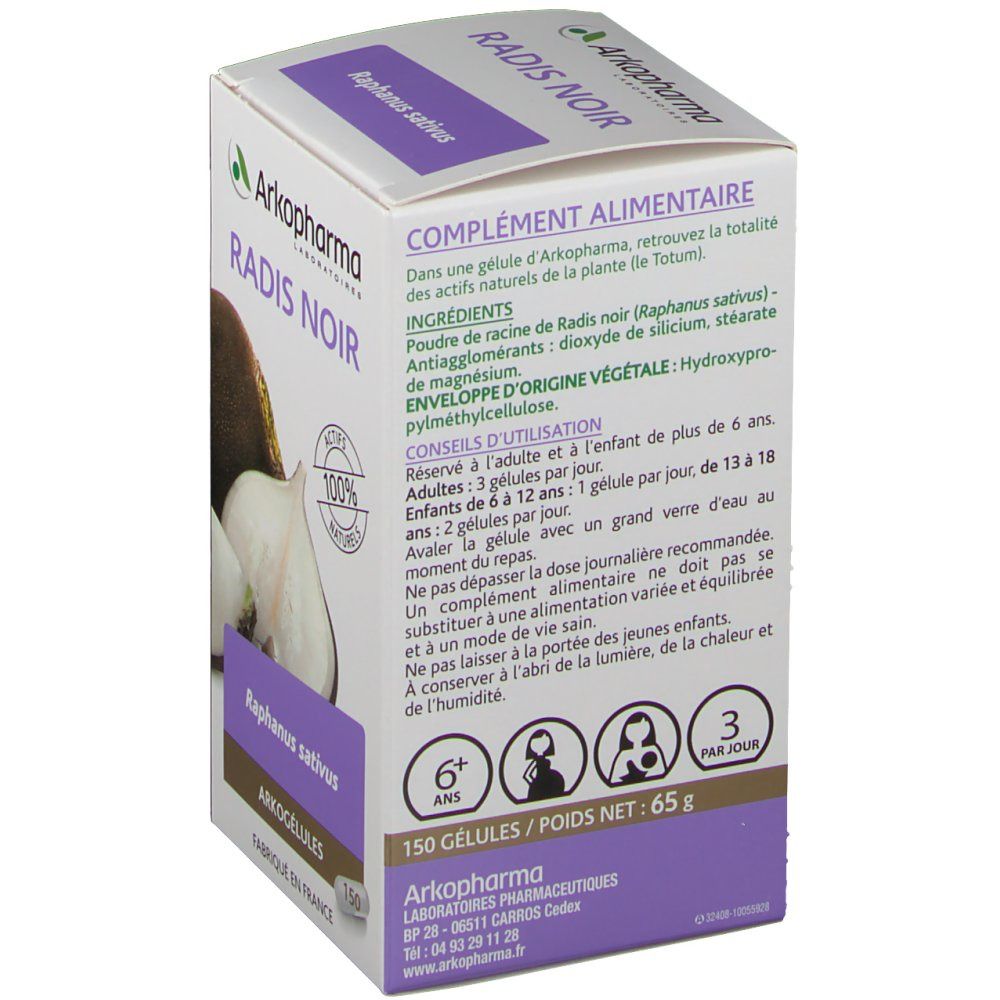 Dos de la boîte Arkocaps Radis Noir. Texte: complément alimentaire, ingrédients, conseils d'utilisation, 150 gélules/Poids net: 65 g.