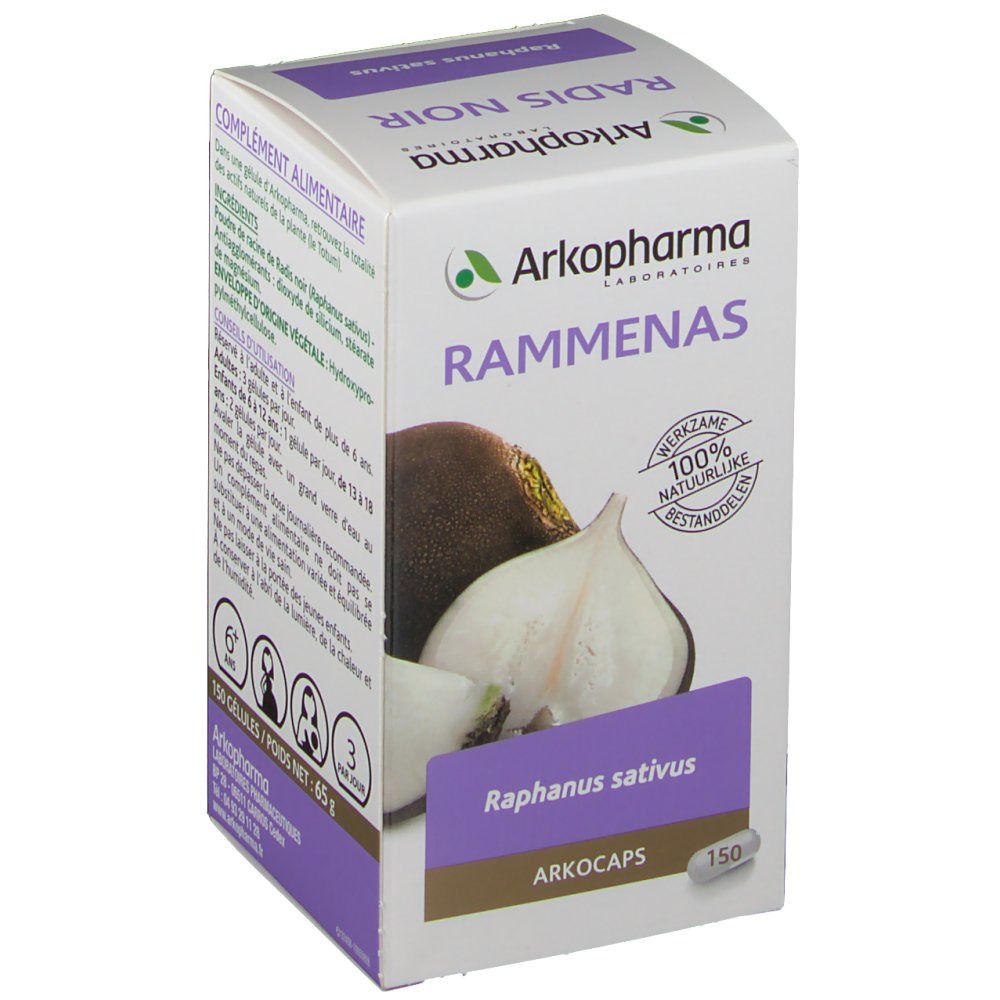 Boîte Arkocaps Rammenas. Inscriptions: Rammenas, Arkopharma, 100% naturels, 150 Arkocaps. Illustration de radis noir.