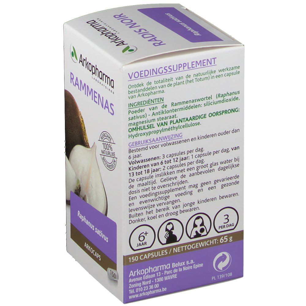 Dos de la boîte Arkocaps Rammenas. Texte: Voedingssupplement, ingrédients, mode d'emploi, 150 capsules/poids net: 65 g.