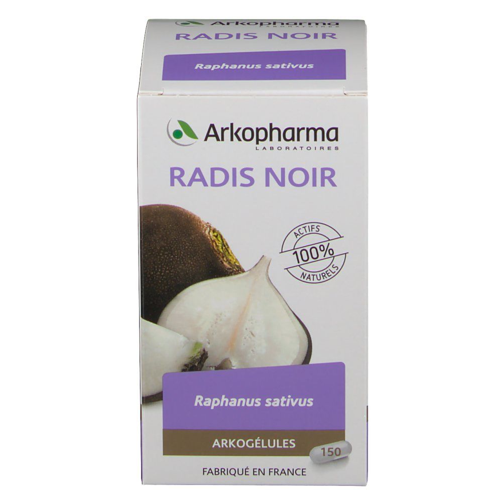 Boîte Arkocaps Radis Noir. Inscriptions: Radis Noir, Arkopharma, 100% naturels, 150 Arkogélules. Illustration de radis noir.