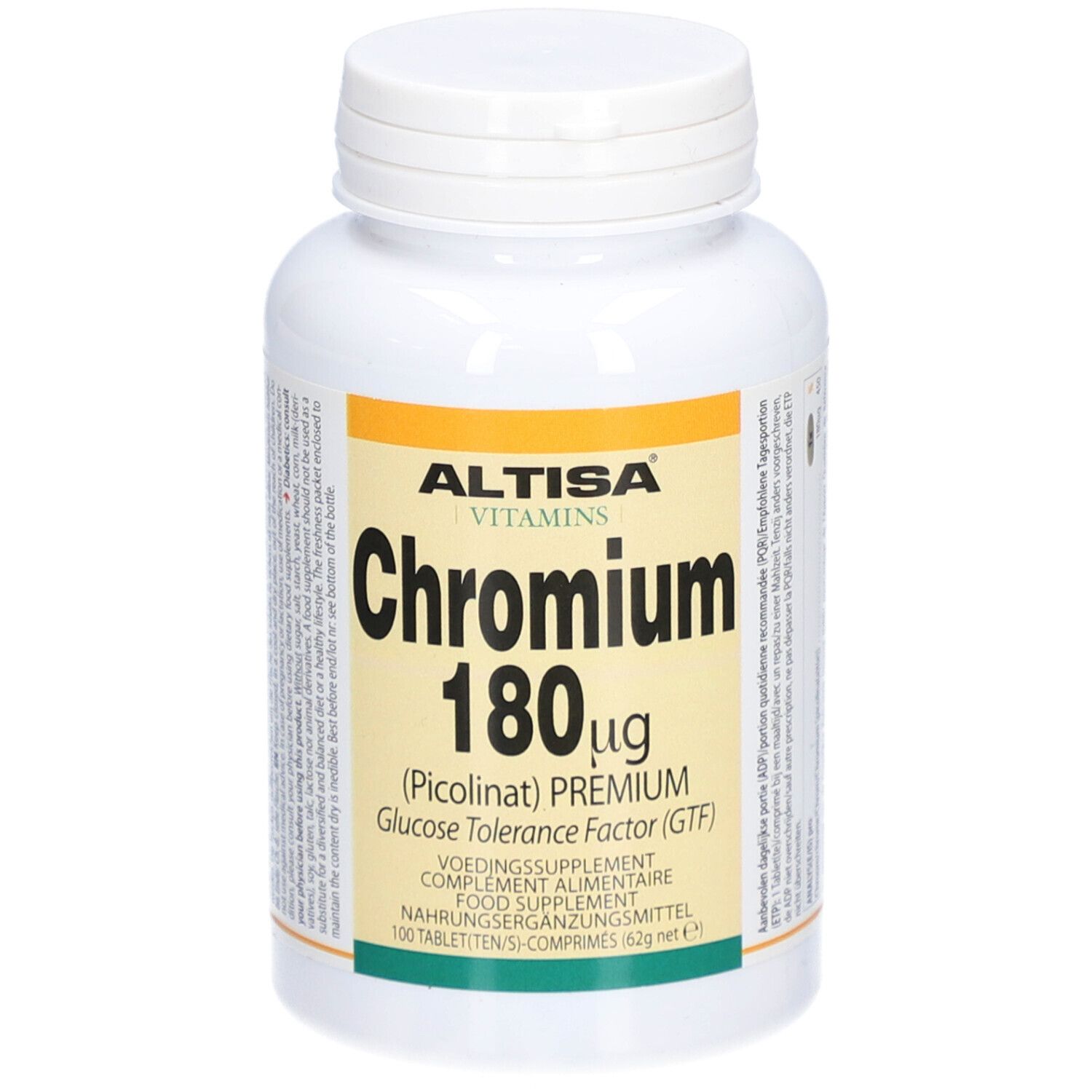 Flacone bianco con tappo a vite. Scritta: Altisa Vitamins Chromium 180 µg compresse. 100 compresse.