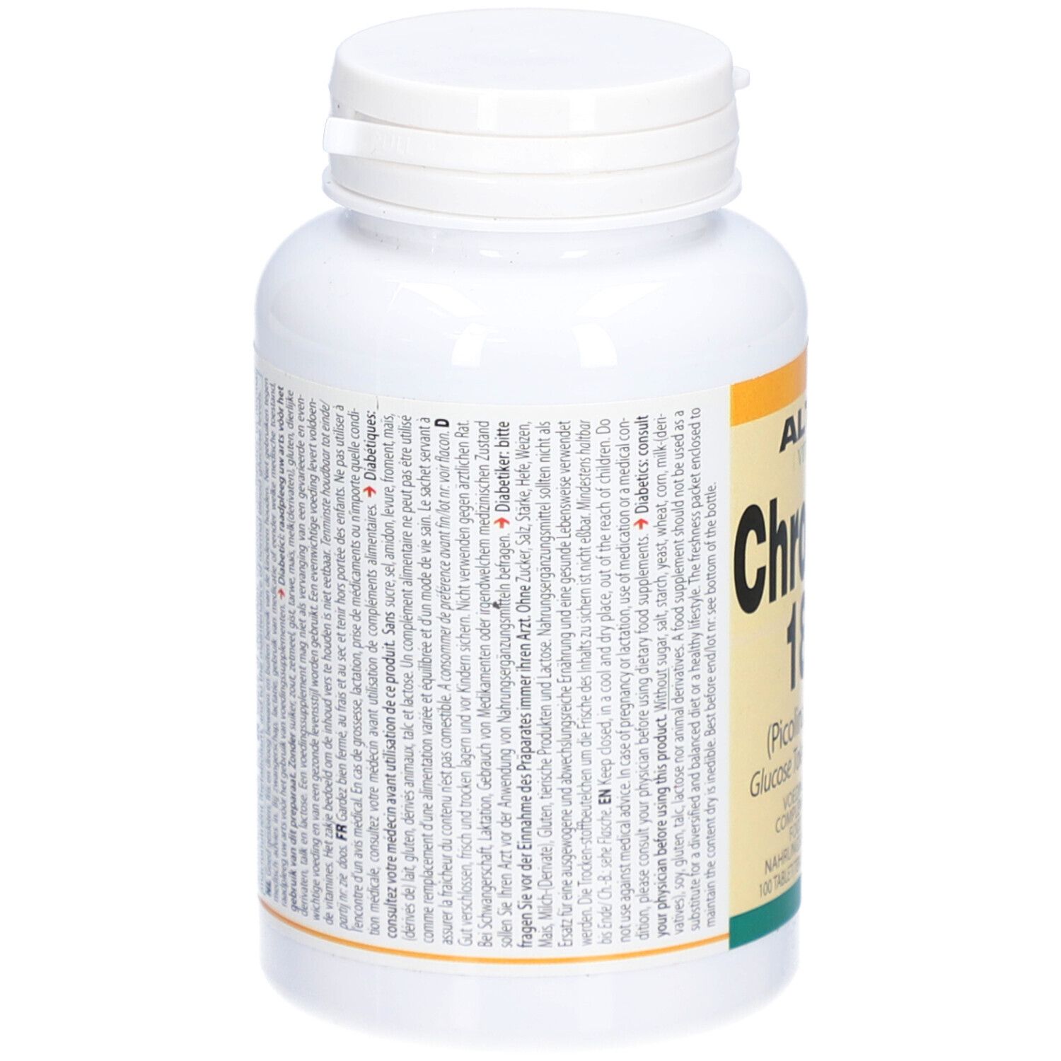 Flacone bianco con tappo a vite. Retro con testo. Scritta: Altisa Vitamins Chromium 180 µg compresse.