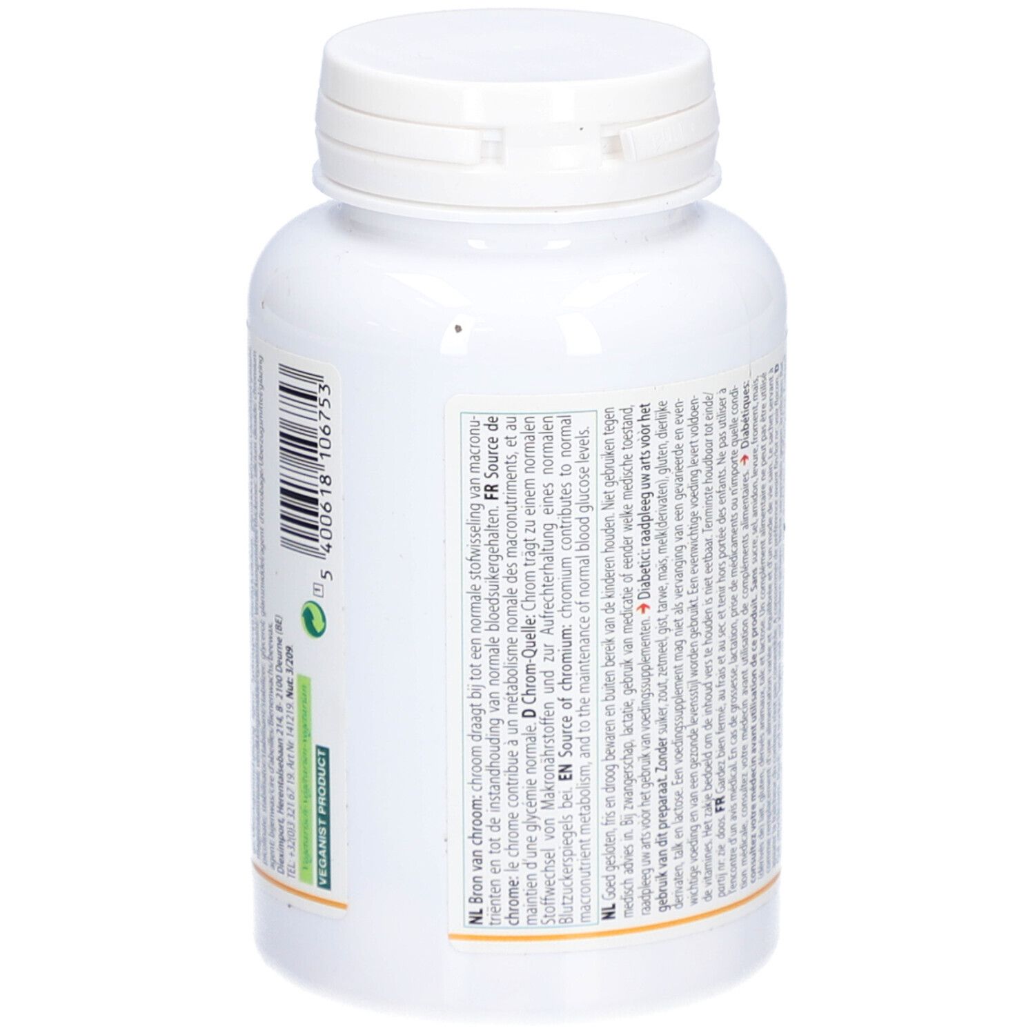 Retro di un flacone bianco con tappo a vite. Testo in più lingue. Scritta: Altisa Vitamins Chromium 180 µg compresse.