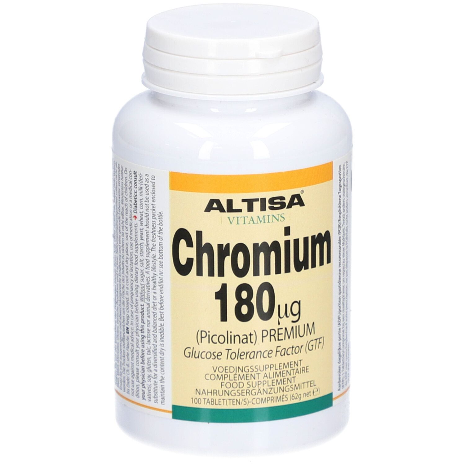 Flacone bianco con tappo a vite. Scritta: Altisa Vitamins Chromium 180 µg compresse. 100 compresse.