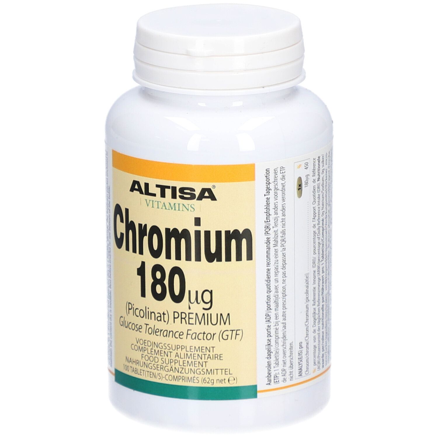 Flacone bianco con tappo a vite. Scritta: Altisa Vitamins Chromium 180 µg compresse. 100 compresse.