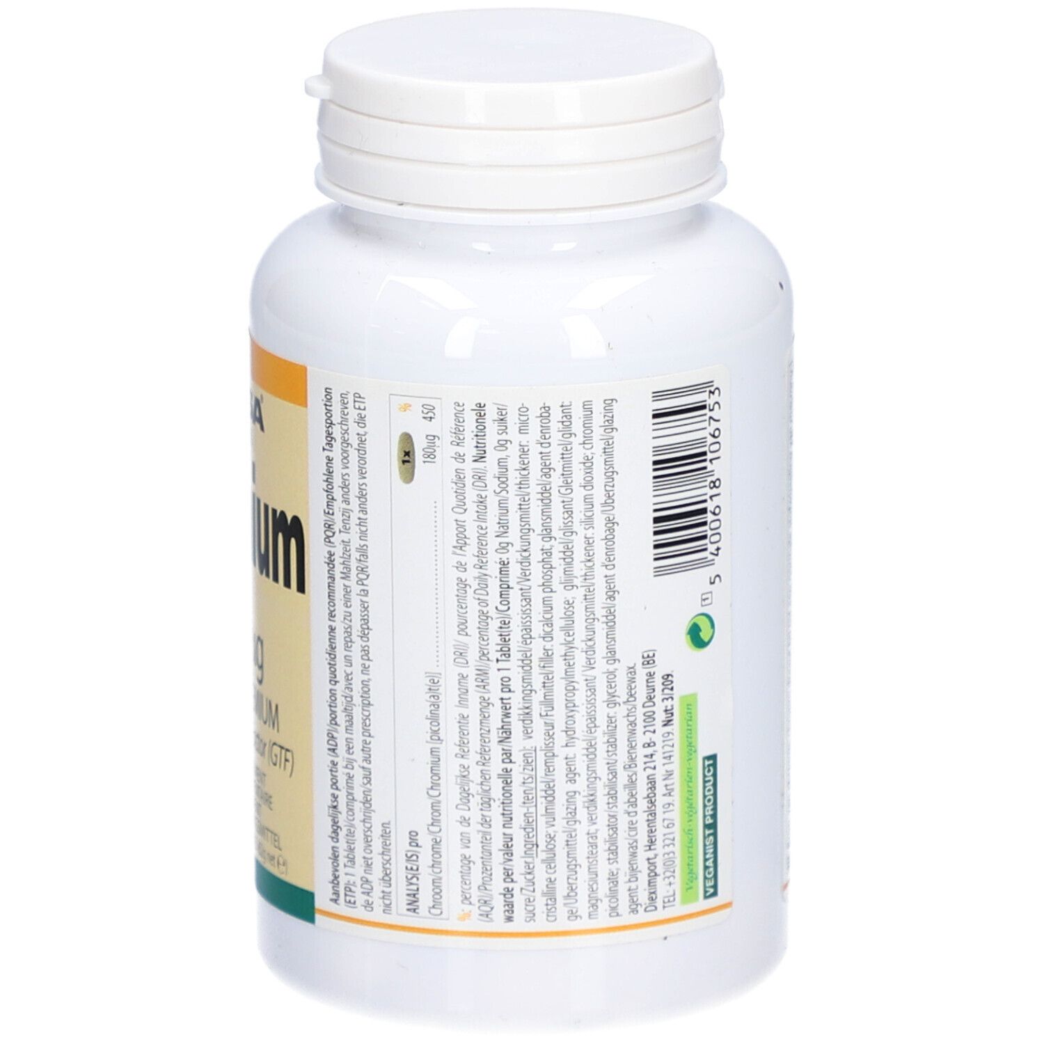 Retro di un flacone bianco con tappo a vite. Testo in più lingue. Scritta: Altisa Vitamins Chromium 180 µg compresse.