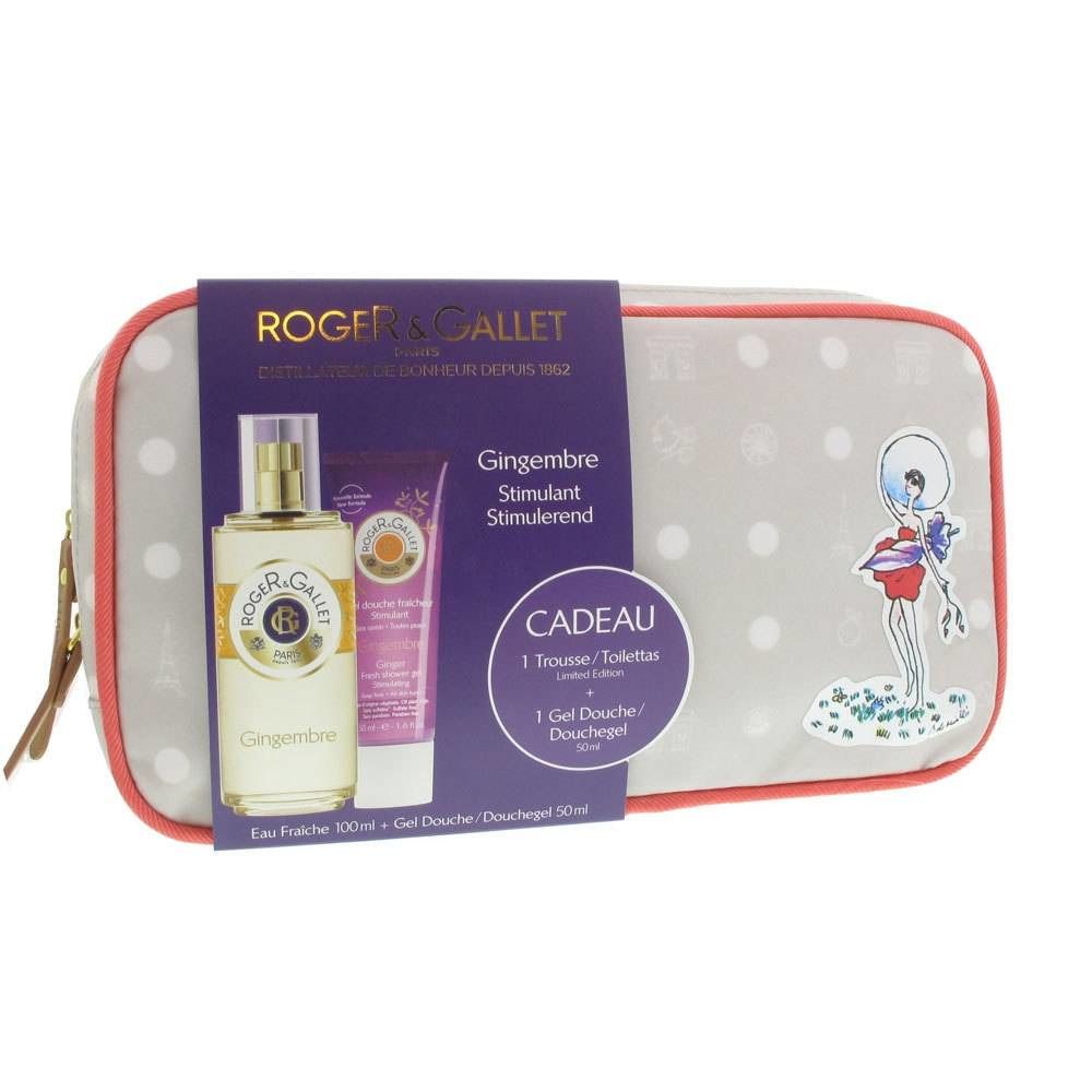 Trousse de toilette avec flacon et tube. Inscription: Gingembre, Stimulant. Marque: Roger & Gallet.