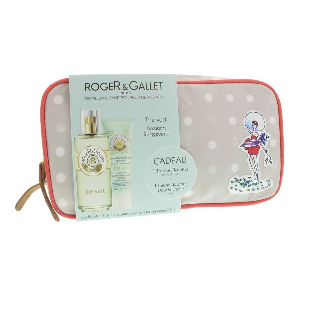 Coffret cadeau Roger & Gallet Thé Vert. Contient une eau fraîche, une crème et une trousse à pois avec illustration.