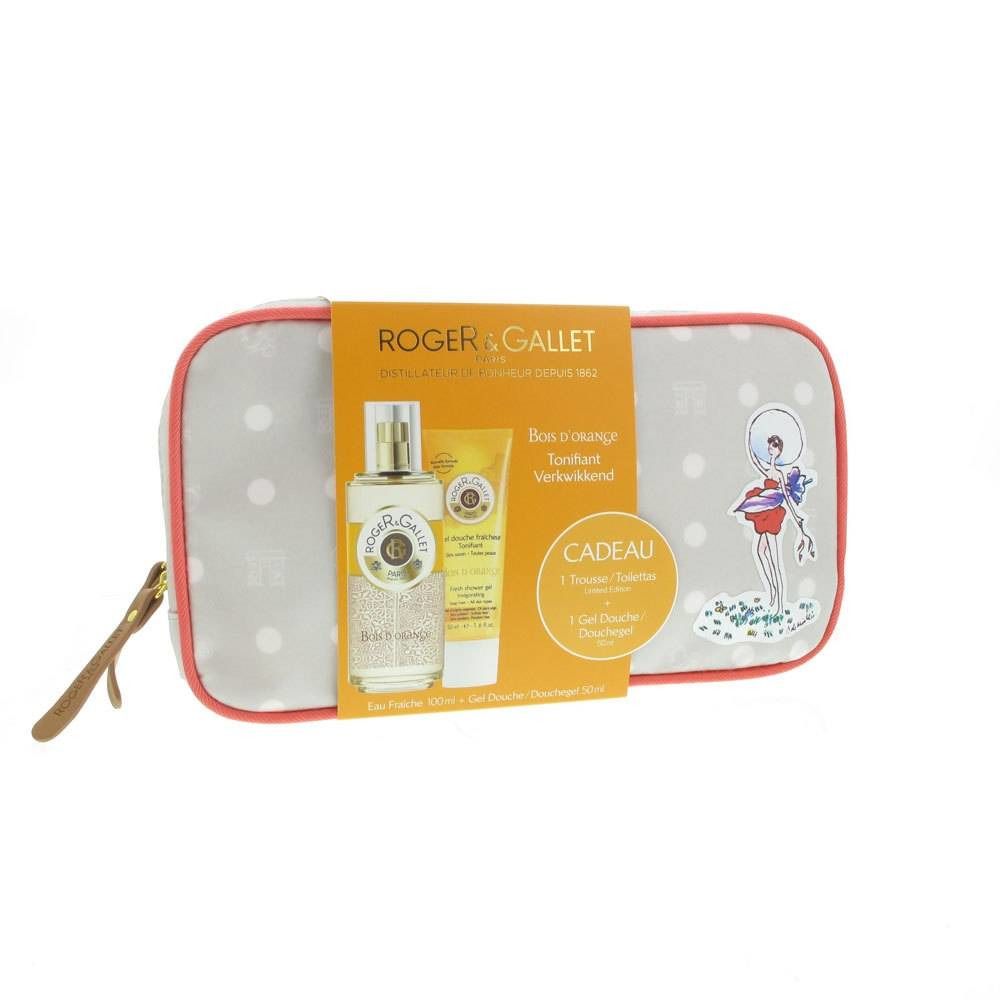 Coffret cadeau avec trousse, deux produits et emballage cadeau. Inscription : Roger & Gallet, Bois D'Orange. Trousse à pois et illustration.