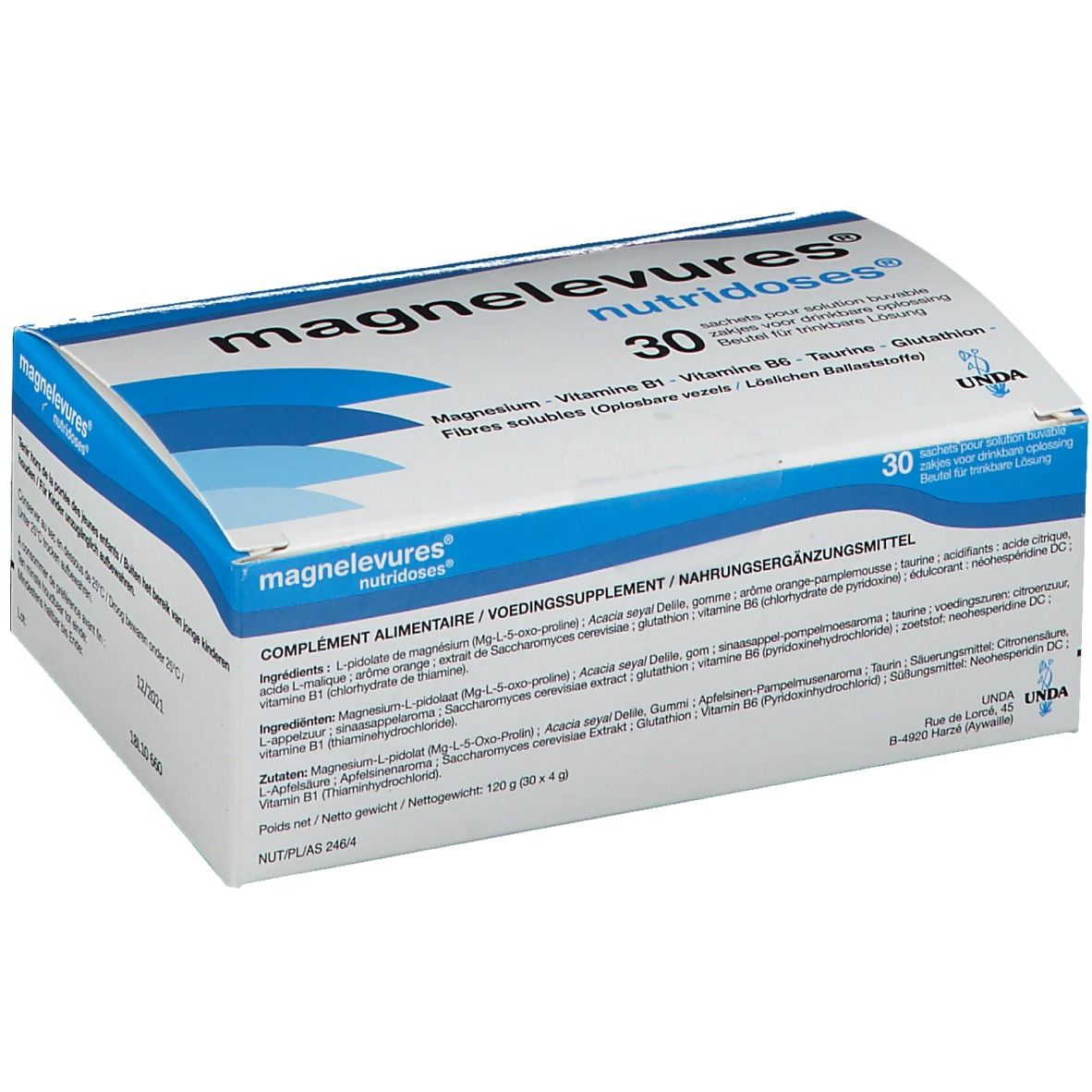 Doos "magnelevures nutridoses" met 30 zakjes. Blauw-witte verpakking met productinformatie.