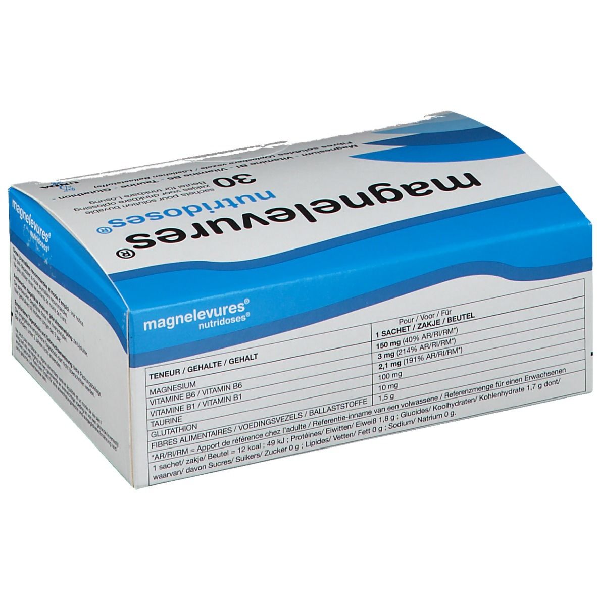 Verpakking van "magnelevures nutridoses" met 30 doses. Productinformatie op de verpakking.