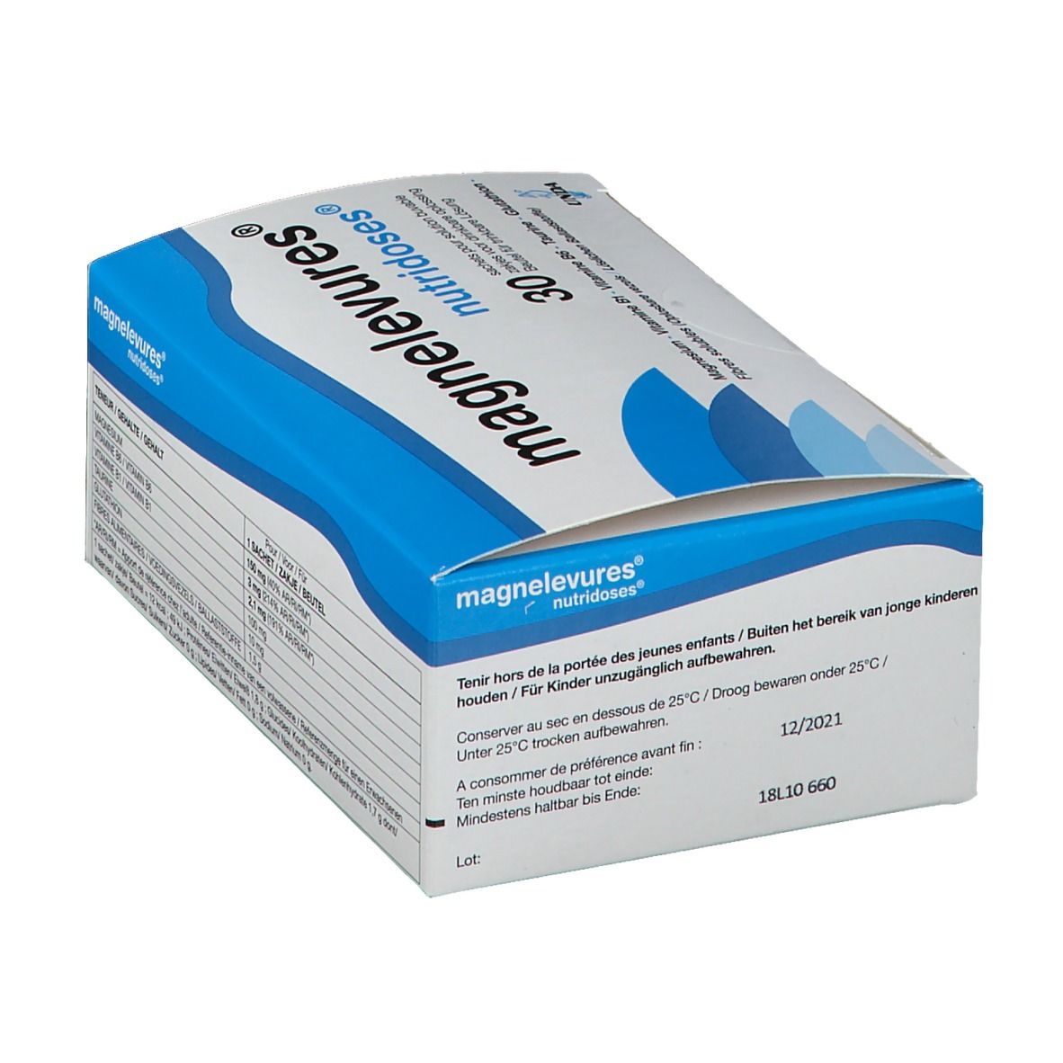 Verpakking van "magnelevures nutridoses" met 30 doses. Bedrukking met houdbaarheidsdatum.