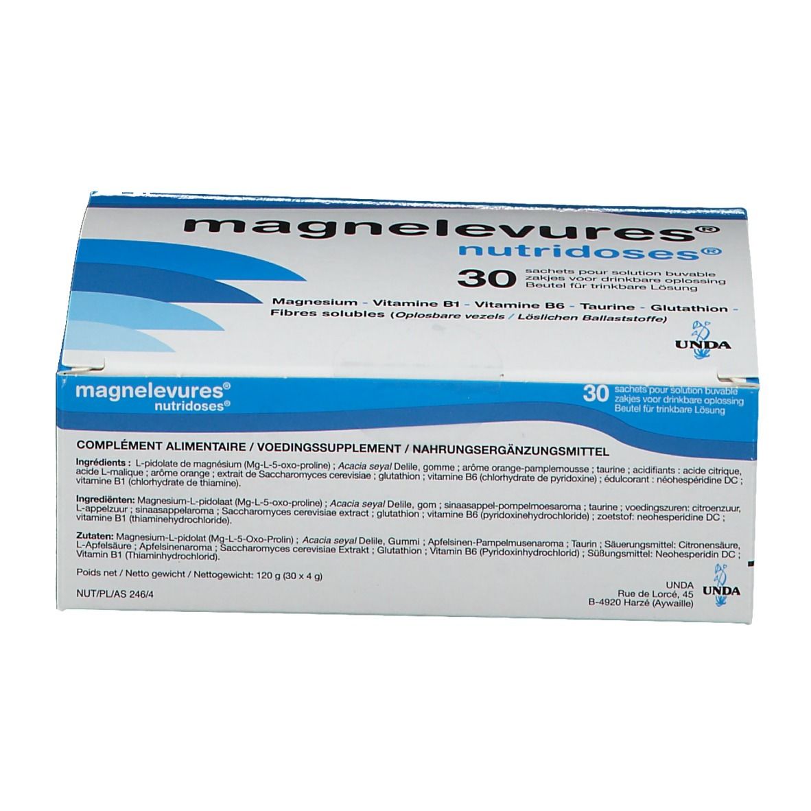 Verpakking van "magnelevures nutridoses" met 30 doses. Productinformatie en ingrediënten.