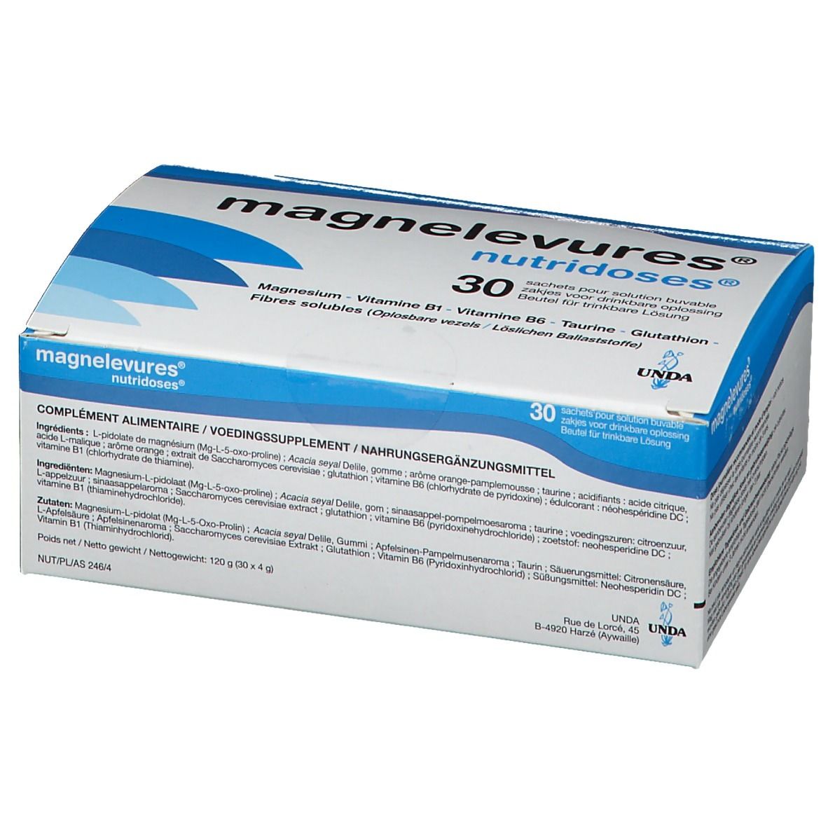 Verpakking van "magnelevures nutridoses" met 30 doses. Productinformatie en ingrediënten.