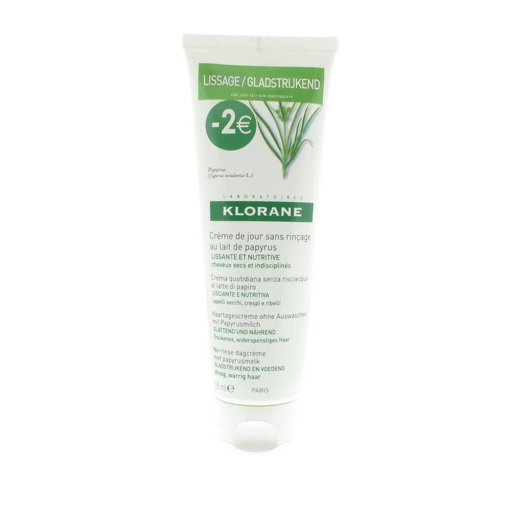 Tube de crème Klorane. Blanc, avec des accents verts. Texte : Lissage/Gladstrijkend, -2€, Creme de jour sans rinçage au lait de papyrus.