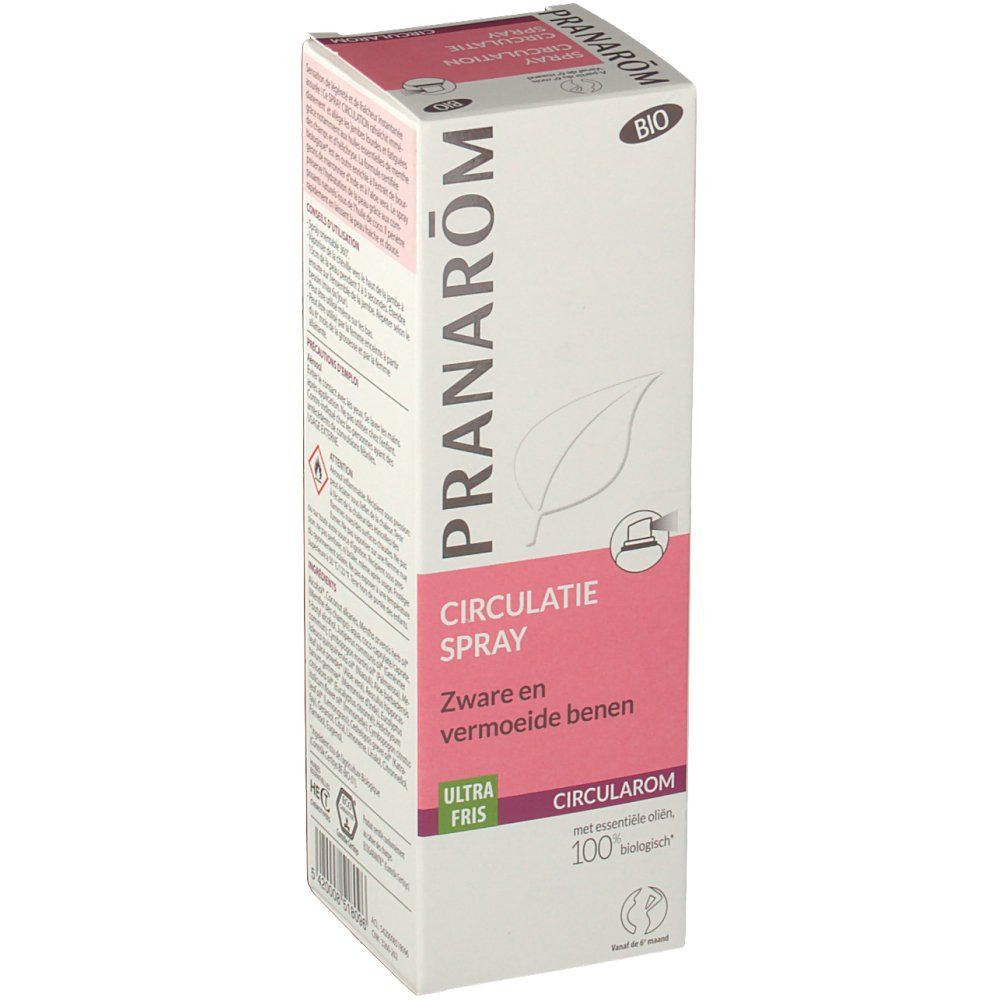 Boîte blanche, accent rose. Texte: PRANAROM, CIRCULATIE SPRAY, Zware en vermoeide benen. CIRULAROM, 100% biologique. Label Bio.