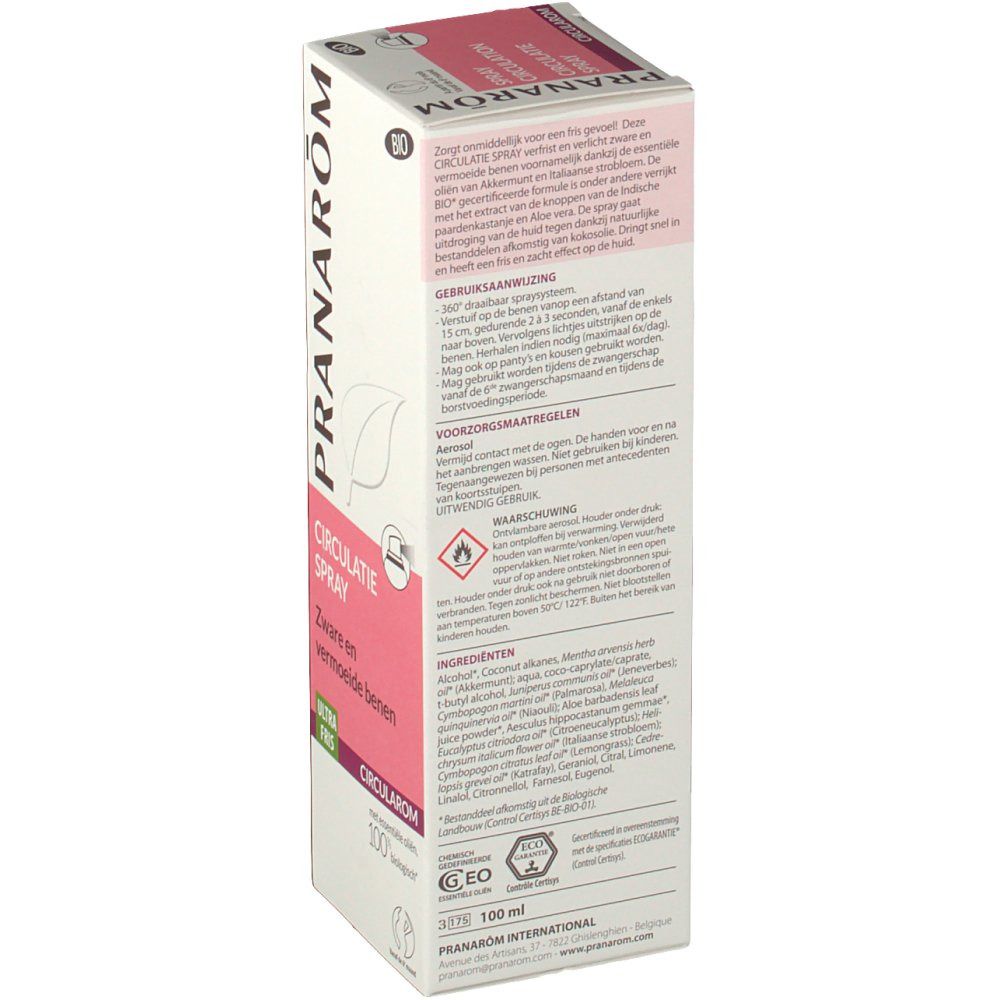 Boîte avec texte et ingrédients. Texte: CIRCULATIE SPRAY, Zware en vermoeide benen. CIRULAROM. Label Bio. Avertissements.