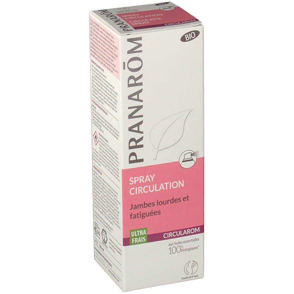 Boîte blanche et rose. Texte: PRANAROM, SPRAY CIRCULATION, Jambes lourdes et fatiguées. Label Bio. CIRULAROM.